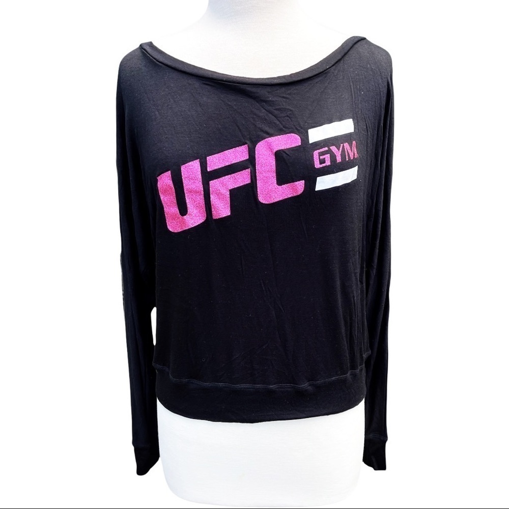 NWT UFC Gym Black Pink Glitter Graphic Long Sleeve Dolman Crop Top M